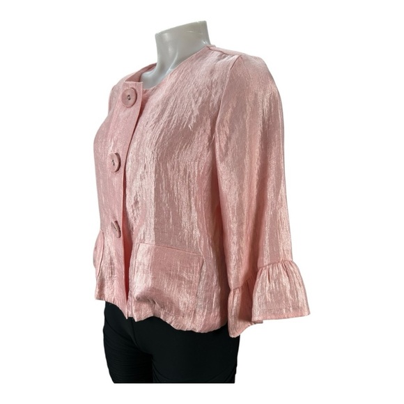 Ruby Rd Women's Petite Blazer 10P Pink Dress Jacket Button 3/4 Ruffle Sleeve - Picture 2 of 5